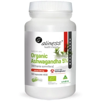 ALINESS ASHWAGANDHA ORGANIC 5% KSM-66 ŻEŃ-SZEŃ INDYJSKI 200MG 100 KAPSUŁEK VEGE